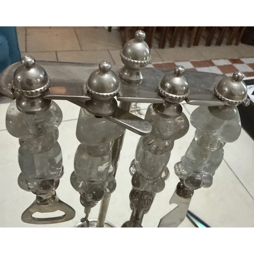 Vintage Silver Nickel & Glass Beaded Handle Barware Stand Tool Set Wine